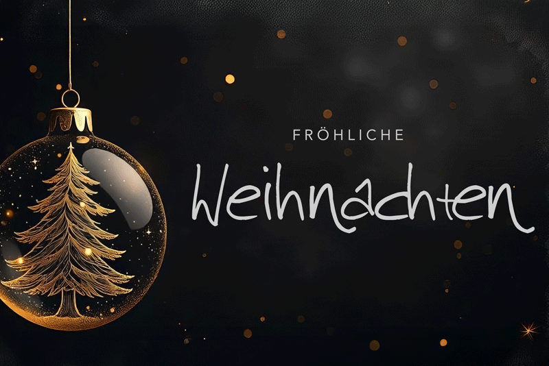 Schwarzer Hintergrund mit goldenen Sternen und einer goldenen Kugel